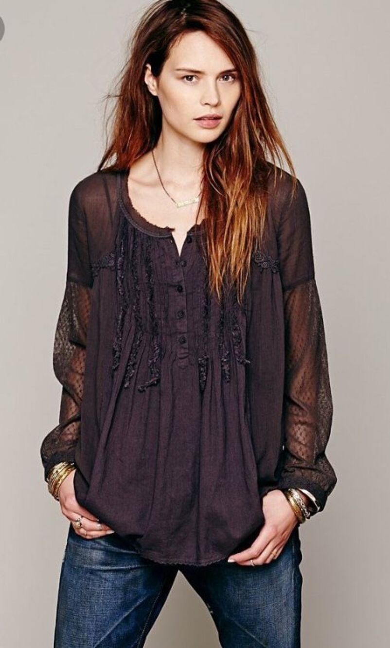 Free People Unique Flowing Polka Dot Mesh + Lace Pleated Detail Cotton Blouse
